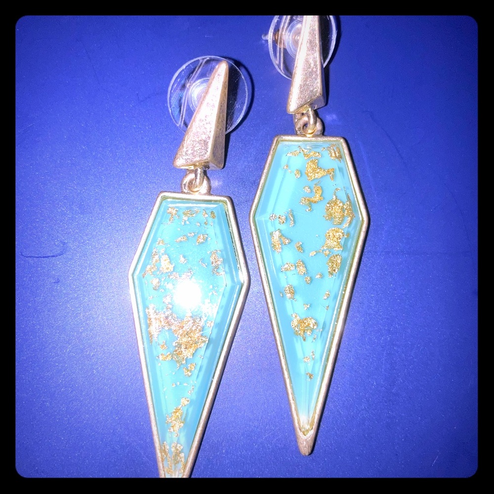 Teal golden inscribed dangle earrings